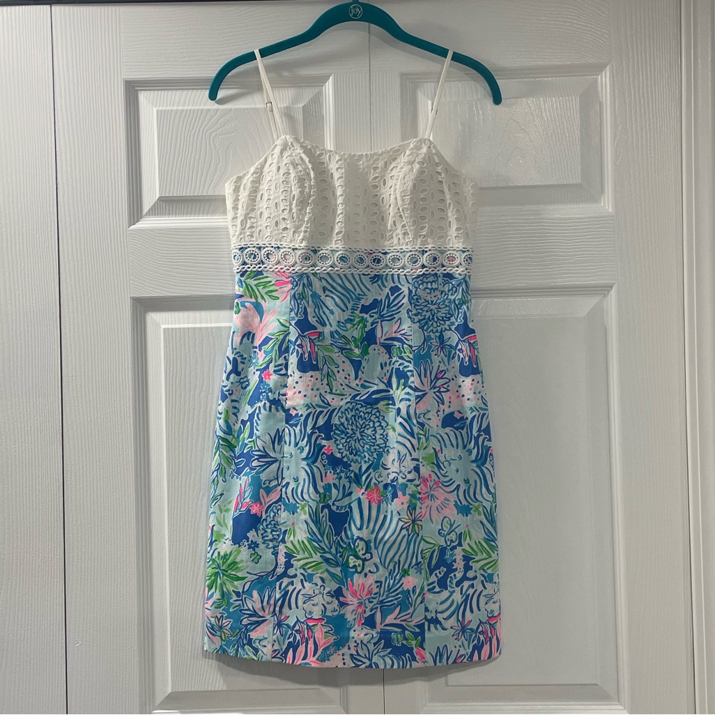 Lilly Pulitzer White Lace Bodice Blue Floral Sleeveless Dress